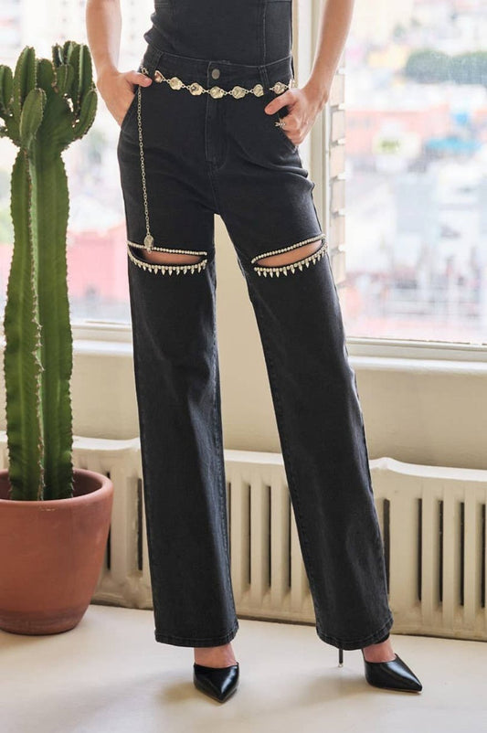 Cut Out Rhinestone Jeans -clearance